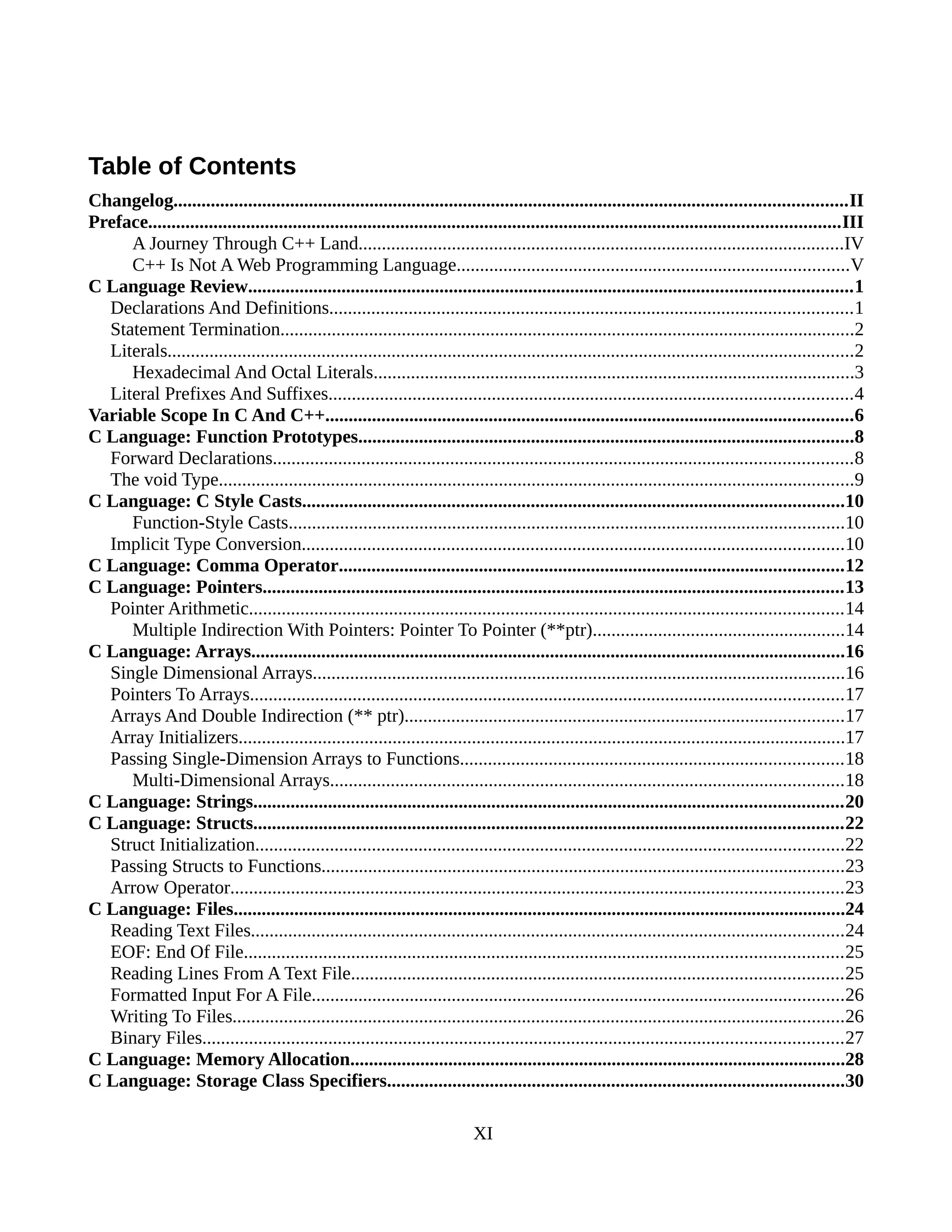 Table of Contents
Changelog................................................................................................................................................II
Preface....................................................................................................................................................III
A Journey Through C++ Land........................................................................................................IV
C++ Is Not A Web Programming Language....................................................................................V
C Language Review.................................................................................................................................1
Declarations And Definitions................................................................................................................1
Statement Termination...........................................................................................................................2
Literals...................................................................................................................................................2
Hexadecimal And Octal Literals.......................................................................................................3
Literal Prefixes And Suffixes................................................................................................................4
Variable Scope In C And C++.................................................................................................................6
C Language: Function Prototypes..........................................................................................................8
Forward Declarations............................................................................................................................8
The void Type........................................................................................................................................9
C Language: C Style Casts....................................................................................................................10
Function-Style Casts.......................................................................................................................10
Implicit Type Conversion....................................................................................................................10
C Language: Comma Operator............................................................................................................12
C Language: Pointers............................................................................................................................13
Pointer Arithmetic...............................................................................................................................14
Multiple Indirection With Pointers: Pointer To Pointer (**ptr)......................................................14
C Language: Arrays...............................................................................................................................16
Single Dimensional Arrays..................................................................................................................16
Pointers To Arrays...............................................................................................................................17
Arrays And Double Indirection (** ptr)..............................................................................................17
Array Initializers..................................................................................................................................17
Passing Single-Dimension Arrays to Functions..................................................................................18
Multi-Dimensional Arrays..............................................................................................................18
C Language: Strings..............................................................................................................................20
C Language: Structs..............................................................................................................................22
Struct Initialization..............................................................................................................................22
Passing Structs to Functions................................................................................................................23
Arrow Operator...................................................................................................................................23
C Language: Files...................................................................................................................................24
Reading Text Files...............................................................................................................................24
EOF: End Of File................................................................................................................................25
Reading Lines From A Text File.........................................................................................................25
Formatted Input For A File..................................................................................................................26
Writing To Files...................................................................................................................................26
Binary Files.........................................................................................................................................27
C Language: Memory Allocation..........................................................................................................28
C Language: Storage Class Specifiers..................................................................................................30
XI
 