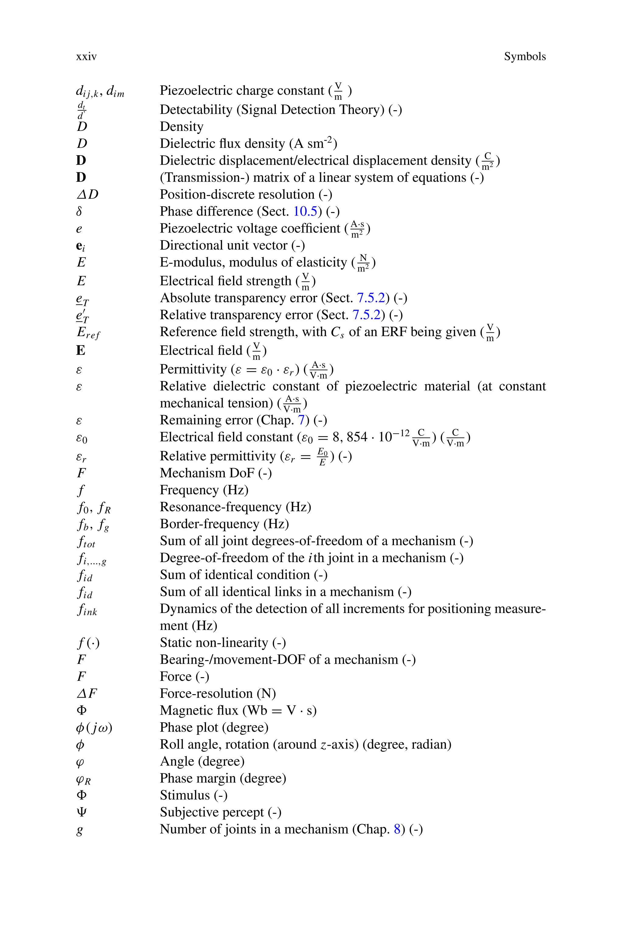 xxiv Symbols
di j,k, dim Piezoelectric charge constant (V
m
)
dt
d’ Detectability (Signal Detection Theory) (-)
D Density
D Dielectric flux density (A sm-2
)
D Dielectric displacement/electrical displacement density ( C
m2 )
D (Transmission-) matrix of a linear system of equations (-)
ΔD Position-discrete resolution (-)
δ Phase difference (Sect. 10.5) (-)
e Piezoelectric voltage coefficient (A·s
m2 )
ei Directional unit vector (-)
E E-modulus, modulus of elasticity ( N
m2 )
E Electrical field strength (V
m
)
eT Absolute transparency error (Sect. 7.5.2) (-)
e
T Relative transparency error (Sect. 7.5.2) (-)
Eref Reference field strength, with Cs of an ERF being given (V
m
)
E Electrical field (V
m
)
ε Permittivity (ε = ε0 · εr ) ( A·s
V·m
)
ε Relative dielectric constant of piezoelectric material (at constant
mechanical tension) ( A·s
V·m
)
ε Remaining error (Chap. 7) (-)
ε0 Electrical field constant (ε0 = 8, 854 · 10−12 C
V·m
) ( C
V·m
)
εr Relative permittivity (εr = E0
E
) (-)
F Mechanism DoF (-)
f Frequency (Hz)
f0, fR Resonance-frequency (Hz)
fb, fg Border-frequency (Hz)
ftot Sum of all joint degrees-of-freedom of a mechanism (-)
fi,...,g Degree-of-freedom of the ith joint in a mechanism (-)
fid Sum of identical condition (-)
fid Sum of all identical links in a mechanism (-)
fink Dynamics of the detection of all increments for positioning measure-
ment (Hz)
f (·) Static non-linearity (-)
F Bearing-/movement-DOF of a mechanism (-)
F Force (-)
ΔF Force-resolution (N)
Magnetic flux (Wb = V · s)
φ( jω) Phase plot (degree)
φ Roll angle, rotation (around z-axis) (degree, radian)
ϕ Angle (degree)
ϕR Phase margin (degree)
Stimulus (-)
 Subjective percept (-)
g Number of joints in a mechanism (Chap. 8) (-)
 