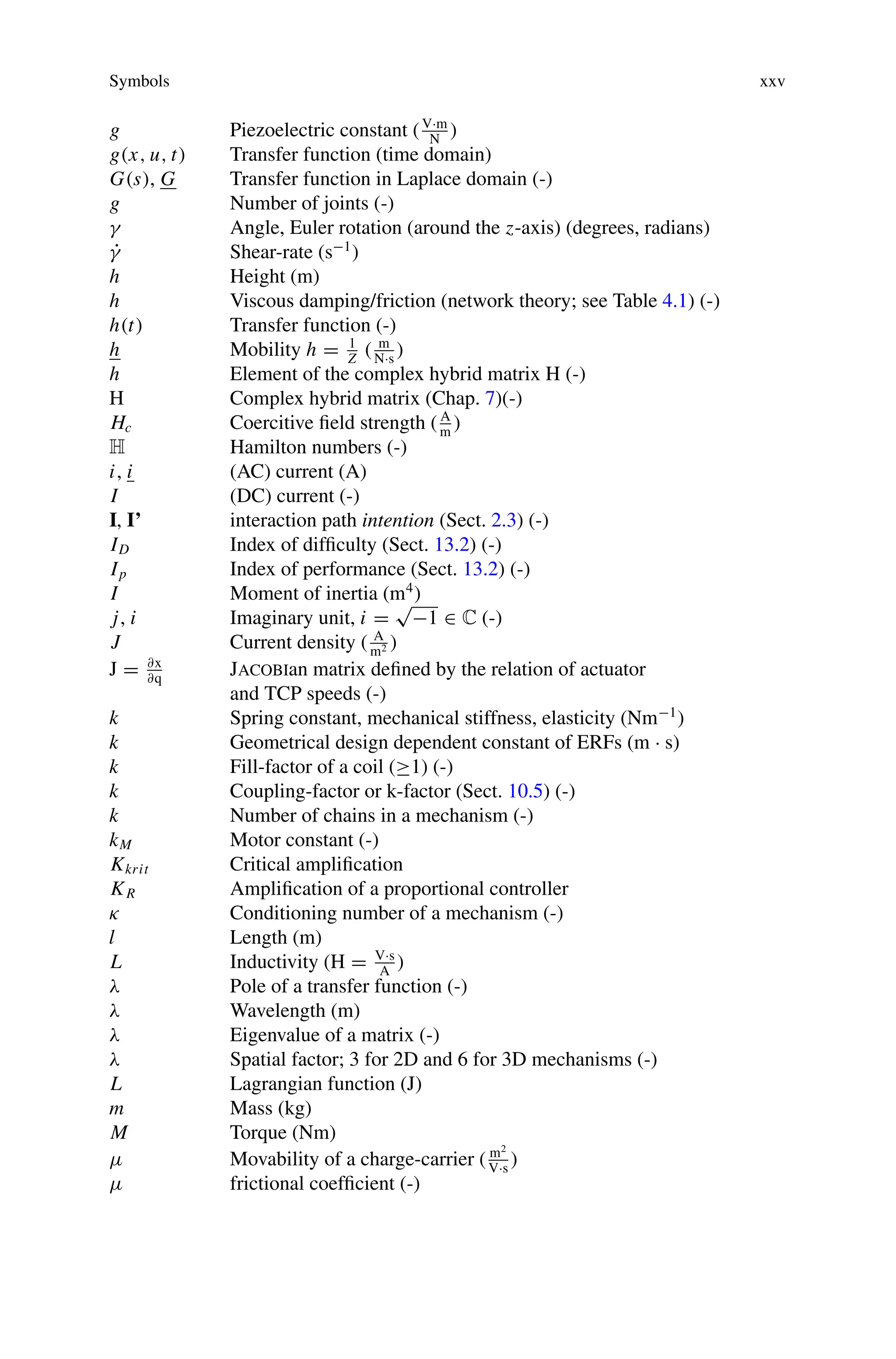 Symbols xxv
g Piezoelectric constant (V·m
N
)
g(x, u, t) Transfer function (time domain)
G(s), G Transfer function in Laplace domain (-)
g Number of joints (-)
γ Angle, Euler rotation (around the z-axis) (degrees, radians)
γ̇ Shear-rate (s−1
)
h Height (m)
h Viscous damping/friction (network theory; see Table 4.1) (-)
h(t) Transfer function (-)
h Mobility h = 1
Z
( m
N·s
)
h Element of the complex hybrid matrix H (-)
H Complex hybrid matrix (Chap. 7)(-)
Hc Coercitive field strength (A
m
)
H Hamilton numbers (-)
i, i (AC) current (A)
I (DC) current (-)
I, I’ interaction path intention (Sect. 2.3) (-)
ID Index of difficulty (Sect. 13.2) (-)
Ip Index of performance (Sect. 13.2) (-)
I Moment of inertia (m4
)
j, i Imaginary unit, i =
√
−1 ∈ C (-)
J Current density ( A
m2 )
J = ∂x
∂q
Jacobian matrix defined by the relation of actuator
and TCP speeds (-)
k Spring constant, mechanical stiffness, elasticity (Nm−1
)
k Geometrical design dependent constant of ERFs (m · s)
k Fill-factor of a coil (≥1) (-)
k Coupling-factor or k-factor (Sect. 10.5) (-)
k Number of chains in a mechanism (-)
kM Motor constant (-)
Kkrit Critical amplification
KR Amplification of a proportional controller
κ Conditioning number of a mechanism (-)
l Length (m)
L Inductivity (H = V·s
A
)
λ Pole of a transfer function (-)
λ Wavelength (m)
λ Eigenvalue of a matrix (-)
λ Spatial factor; 3 for 2D and 6 for 3D mechanisms (-)
L Lagrangian function (J)
m Mass (kg)
M Torque (Nm)
μ Movability of a charge-carrier ( m2
V·s
)
μ frictional coefficient (-)
 