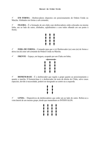 Manual de Ordem Unida
 EM FORMA - Desbravadores dispostos em posicionamento de Ordem Unida ou
Marcha. Alinhados em forma e sob comando;
 FILEIRA - É a formação de um clube cujo desbravadores estão colocados na mesma
linha, um ao lado do outro, alinhados, eqüidistantes e com todos olhando em um ponto à
frente;
  
  
  
  
 FORA DE FORMA - Comando para que o (s) Desbravador (es) saia (m) de forma e
deixe (m) de estar sob comando de Ordem Unida ou Marcha.
 FRENTE – Espaço, em largura, ocupado por um Clube em linha;
  
  
  
  
 HOMEM-BASE - É o desbravador que regula o grupo quanto ao posicionamento e
quanto a marcha. O homem-base é o desbravador da testa da direita do Clube, salvo casos
especiais, devido à necessidade, poderá ser designado ao centro ou a esquerda.
 
 
 
 LINHA – Dispositivos de desbravadores que estão um ao lado do outro. Refere-se a
vista lateral de um mesmo grupo, desde que mantenham os INTERVALOS.
   
   
   
   
 