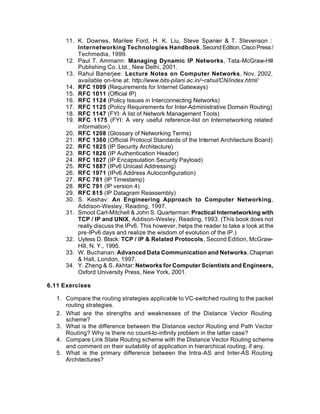 11. K. Downes, Marilee Ford, H. K. Liu, Steve Spanier & T. Stevenson :
          Internetworking Technologies Handbook, Second Edition, Cisco Press /
          Techmedia, 1999.
      12. Paul T. Ammann: Managing Dynamic IP Networks, Tata-McGraw-Hill
          Publishing Co. Ltd., New Delhi, 2001.
      13. Rahul Banerjee: Lecture Notes on Computer Networks, Nov. 2002,
          available on-line at: http://www.bits-pilani.ac.in/~rahul/CN/index.html/
      14. RFC 1009 (Requirements for Internet Gateways)
      15. RFC 1011 (Official IP)
      16. RFC 1124 (Policy Issues in Interconnecting Networks)
      17. RFC 1125 (Policy Requirements for Inter-Administrative Domain Routing)
      18. RFC 1147 (FYI: A list of Network Management Tools)
      19. RFC 1175 (FYI: A very useful reference-list on Internetworking related
          information)
      20. RFC 1208 (Glossary of Networking Terms)
      21. RFC 1360 (Official Protocol Standards of the Internet Architecture Board)
      22. RFC 1825 (IP Security Architecture)
      23. RFC 1826 (IP Authentication Header)
      24. RFC 1827 (IP Encapsulation Security Payload)
      25. RFC 1887 (IPv6 Unicast Addressing)
      26. RFC 1971 (IPv6 Address Autoconfiguration)
      27. RFC 781 (IP Timestamp)
      28. RFC 791 (IP version 4)
      29. RFC 815 (IP Datagram Reassembly)
      30. S. Keshav: An Engineering Approach to Computer Networking,
          Addison-Wesley, Reading, 1997.
      31. Smoot Carl-Mitchell & John S. Quarterman: Practical Internetworking with
          TCP / IP and UNIX, Addison-Wesley, Reading, 1993. (This book does not
          really discuss the IPv6. This however, helps the reader to take a look at the
          pre-IPv6 days and realize the wisdom of evolution of the IP.)
      32. Uyless D. Black: TCP / IP & Related Protocols, Second Edition, McGraw-
          Hill, N. Y., 1995.
      33. W. Buchanan: Advanced Data Communication and Networks, Chapman
          & Hall, London, 1997.
      34. Y. Zheng & S. Akhtar: Networks for Computer Scientists and Engineers,
          Oxford University Press, New York, 2001.

6.11 Exercises

   1. Compare the routing strategies applicable to VC-switched routing to the packet
      routing strategies.
   2. What are the strengths and weaknesses of the Distance Vector Routing
      scheme?
   3. What is the difference between the Distance vector Routing and Path Vector
      Routing? Why is there no count-to-infinity problem in the latter case?
   4. Compare Link State Routing scheme with the Distance Vector Routing scheme
      and comment on their suitability of application in hierarchical routing, if any.
   5. What is the primary difference between the Intra-AS and Inter-AS Routing
      Architectures?
 