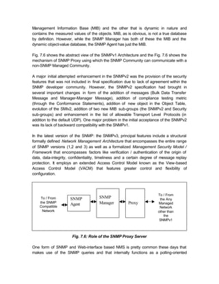 Management Information Base (MIB) and the other that is dynamic in nature and
contains the measured values of the objects. MIB, as is obvious, is not a true database
by definition. However, while the SNMP Manager has both of these the MIB and the
dynamic object-value database, the SNMP Agent has just the MIB.

Fig. 7.6 shows the abstract view of the SNMPv1 Architecture and the Fig. 7.6 shows the
mechanism of SNMP Proxy using which the SNMP Community can communicate with a
non-SNMP Managed Community.

A major initial attempted enhancement in the SNMPv2 was the provision of the security
features that was not included in final specification due to lack of agreement within the
SNMP developer community. However, the SNMPv2 specification had brought in
several important changes in form of the addition of messages (Bulk Data Transfer
Message and Manager-Manager Message), addition of compliance testing metric
(through the Conformance Statements), addition of new object in the Object Table,
evolution of the SMIv2, addition of two new MIB sub-groups (the SNMPv2 and Security
sub-groups) and enhancement in the list of allowable Transport Level Protocols (in
addition to the default UDP). One major problem in the initial acceptance of the SNMPv2
was its lack of backward compatibility with the SNMPv1.

In the latest version of the SNMP: the SNMPv3, principal features include a structural
formally defined Network Management Architecture that encompasses the entire range
of SNMP versions (1,2 and 3) as well as a formalized Management Security Model /
Framework that encompasses factors like verification / authentication of the origin of
data, data-integrity, confidentiality, timeliness and a certain degree of message replay
protection. It employs an extended Access Control Model known as the View-based
Access Control Model (VACM) that features greater control and flexibility of
configuration.




                                                                        To / From
     To / From       SNMP             SNMP                               the Any
    the SNMP                          Manager          Proxy            Managed
                     Agent
    Compatible                                                           Network
      Network                                                           other than
                                                                           the
                                                                         SNMPv1



                       Fig. 7.6: Role of the SNMP Proxy Server

One form of SNMP and Web-interface based NMS is pretty common these days that
makes use of the SNMP queries and that internally functions as a polling-oriented
 