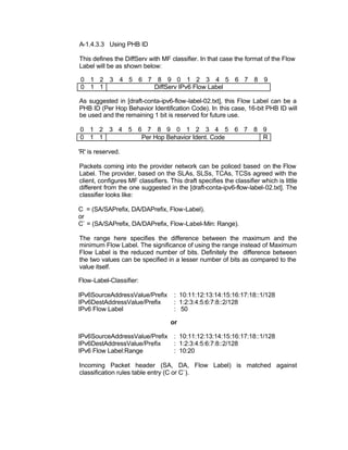 A-1.4.3.3 Using PHB ID

This defines the DiffServ with MF classifier. In that case the format of the Flow
Label will be as shown below:

0 1 2 3 4 5 6 7 8 9 0 1 2 3 4 5 6 7 8 9
0 1 1          DiffServ IPv6 Flow Label

As suggested in [draft-conta-ipv6-flow-label-02.txt], this Flow Label can be a
PHB ID (Per Hop Behavior Identification Code). In this case, 16-bit PHB ID will
be used and the remaining 1 bit is reserved for future use.

0 1 2 3 4 5 6 7 8 9 0 1 2 3 4 5 6 7 8 9
0 1 1        Per Hop Behavior Ident. Code R

'R' is reserved.

Packets coming into the provider network can be policed based on the Flow
Label. The provider, based on the SLAs, SLSs, TCAs, TCSs agreed with the
client, configures MF classifiers. This draft specifies the classifier which is little
different from the one suggested in the [draft-conta-ipv6-flow-label-02.txt]. The
classifier looks like:

C = (SA/SAPrefix, DA/DAPrefix, Flow-Label).
or
C` = (SA/SAPrefix, DA/DAPrefix, Flow-Label-Min: Range).

The range here specifies the difference between the maximum and the
minimum Flow Label. The significance of using the range instead of Maximum
Flow Label is the reduced number of bits. Definitely the difference between
the two values can be specified in a lesser number of bits as compared to the
value itself.

Flow-Label-Classifier:

IPv6SourceAddressValue/Prefix        : 10:11:12:13:14:15:16:17:18::1/128
IPv6DestAddressValue/Prefix          : 1:2:3:4:5:6:7:8::2/128
IPv6 Flow Label                      : 50

                                    or

IPv6SourceAddressValue/Prefix : 10:11:12:13:14:15:16:17:18::1/128
IPv6DestAddressValue/Prefix   : 1:2:3:4:5:6:7:8::2/128
IPv6 Flow Label:Range         : 10:20

Incoming Packet header (SA, DA, Flow Label) is matched against
classification rules table entry (C or C`).
 