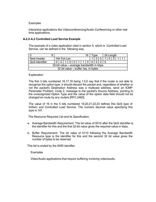 Examples

    Interactive applications like Videoconferencing/Audio Conferencing or other real
    time applications.

A-2.2-A.2 Controlled Load Service Example

    The example of a video application cited in section 5, which is Controlled Load
    Service, can be defined in the following way.

     0                  8                            16 Type      24 Length
     Next header           Hdr Ext Len                     1 0 0 1 0 0 1 1
     QoS Identifier        0 0 1 0 0 1 1 0 0 0 0 0
                         32-bit value – average bandwidth in kbps
                             32 bit value – buffer req. in bytes

    Explanation

    The first 3 bits numbered 16,17,18 being 1,0,0 say that if the router is not able to
    recognize the option type, it should discard the packet and, regardless of whether or
    not the packet's Destination Address was a multicast address, send an ICMP
    Parameter Problem, Code 2, message to the packet's Source Address, pointing to
    the unrecognized Option Type and the value of the option data field should not be
    changed en route by any routers [RFC 2460].

    The value of 19 in the 5 bits numbered 19,20,21,22,23 defines this QoS type of
    IntServ and Controlled Load Service. The numeric decimal value specifying this
    type is 147.

   The Resource Required List and its Specification.

   a. Average Bandwidth Requirement: The bit value of 0010 after the QoS identifier is
      the identifier for this and the first 32-bit value gives the required value in kbps.

   b. Buffer Requirement: The bit value of 0110 following the Average Bandwidth
      Resource type is the identifier for this and the second 32 bit value gives the
      number of bytes to be reserved.

   This list is ended by the 0000 identifier.

     Examples

     Video/Audio applications that require buffering involving video/audio.
 