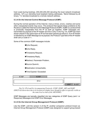 host (used during booting), 255.255.255.255 denoting the local network broadcast
address, 127.x.y.z denoting local loopback testing addresses, ‘Net-id followed by all
binary ‘1’s’ denotes broadcast to a remote network address.

5.3.4 On the Internet Control Message Protocol (ICMP):

During the normal operation of the Internet, many a times, errors, crashes and some
other unexpected events may occur. The protocol that reports these problems to the
Routers is called the Internet Control Message Protocol (ICMP). ICMP is a protocol that
is practically inseparable from the IP as both go together. ICMP messages are
transmitted as payload of the IP header and this is why in the Fig. 5.6, ICMP has been
shown placed in the same layer as IP but has been placed just above it. If an IP header
is followed by an ICMP Message as its payload, the Protocol Type field of the IP header
shall carry a code of ‘1’.

Some of the common ICMP messages include:

                nEcho Request,

                nEcho Reply,

                nTimestamp Request,

                nTimestamp Reply,

                nRedirect, Parameter Problem,

                nSource Quench,

                nDestination Unreachable,

                nTime Expired / Exceeded

       ICMP                      IGMP

                                  IPv4
                                                                               ARP        RARP

     Fig.5.6: IPv4 and Its Accompanying Protocols: ICMP, IGMP, ARP and RARP
(DHCP not shown here due to its location at a higher layer though its effect is typically visible at
                        the same level as that of the ARP/RARP)

ICMP Messages are typically classified into two categories of ICMP Query (and / or
Response) Messages and ICMP Error Messages.

5.3.5 On the Internet Group Management Protocol (IGMP):

Like the ICMP, until the version 4 of the IP, another companion protocol known as
Internet Group Management Protocol (IGMP) was designed to support group-based
 