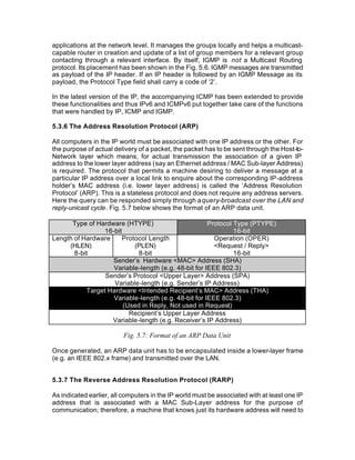 applications at the network level. It manages the groups locally and helps a multicast-
capable router in creation and update of a list of group members for a relevant group
contacting through a relevant interface. By itself, IGMP is not a Multicast Routing
protocol. Its placement has been shown in the Fig. 5.6. IGMP messages are transmitted
as payload of the IP header. If an IP header is followed by an IGMP Message as its
payload, the Protocol Type field shall carry a code of ‘2’.

In the latest version of the IP, the accompanying ICMP has been extended to provide
these functionalities and thus IPv6 and ICMPv6 put together take care of the functions
that were handled by IP, ICMP and IGMP.

5.3.6 The Address Resolution Protocol (ARP)

All computers in the IP world must be associated with one IP address or the other. For
the purpose of actual delivery of a packet, the packet has to be sent through the Host-to-
Network layer which means, for actual transmission the association of a given IP
address to the lower layer address (say an Ethernet address / MAC Sub-layer Address)
is required. The protocol that permits a machine desiring to deliver a message at a
particular IP address over a local link to enquire about the corresponding IP-address
holder’s MAC address (i.e. lower layer address) is called the ‘Address Resolution
Protocol’ (ARP). This is a stateless protocol and does not require any address servers.
Here the query can be responded simply through a query-broadcast over the LAN and
reply-unicast cycle. Fig. 5.7 below shows the format of an ARP data unit.

      Type of Hardware (HTYPE)                        Protocol Type (PTYPE)
                 16-bit                                        16-bit
Length of Hardware      Protocol Length                 Operation (OPER)
     (HLEN)                 (PLEN)                      <Request / Reply>
       8-bit                 8-bit                             16-bit
                    Sender’s Hardware <MAC> Address (SHA)
                    Variable-length (e.g. 48-bit for IEEE 802.3)
                  Sender’s Protocol <Upper Layer> Address (SPA)
                     Variable-length (e.g. Sender’s IP Address)
            Target Hardware <Intended Recipient’s MAC> Address (THA)
                    Variable-length (e.g. 48-bit for IEEE 802.3)
                        (Used in Reply, Not used in Request)
                          Recipient’s Upper Layer Address
                    Variable-length (e.g. Receiver’s IP Address)

                         Fig. 5.7: Format of an ARP Data Unit

Once generated, an ARP data unit has to be encapsulated inside a lower-layer frame
(e.g. an IEEE 802.x frame) and transmitted over the LAN.


5.3.7 The Reverse Address Resolution Protocol (RARP)

As indicated earlier, all computers in the IP world must be associated with at least one IP
address that is associated with a MAC Sub-Layer address for the purpose of
communication; therefore, a machine that knows just its hardware address will need to
 