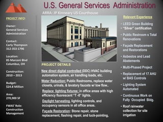 U.S. General Services Administration
PROJECT INFO:
Owner:
General Services
Administration
Contact:
Carly Thompson
312-353-1796
Location:
85 Marconi Blvd
Columbus, OH
Construction:
2010 – 2013
Budget:
$24.8 Million
Area:
270,900 SF
FWAS’ Role:
Construction
Management
PROJECT DETAILS
New direct digital controlled (DDC) HVAC building
automation system, air handling loads, etc.
Water Reduction: Public Restrooms, replace water
closets, urinals, & lavatory faucets w/ low flow..
Replace lighting fixtures: in office areas with high
efficiency fluorescent “T -8” lights.
Daylight harvesting, lighting controls, and
occupancy sensors in all office areas.
Façade Restoration: Stone repair, stone
replacement, flashing repair, and tuck-pointing,
Relevant Experience
• LEED Green Building
• “Silver” certification
• Public Restroom s Total
Renovations
• Façade Replacement
and Restorations
• Asbestos and Lead
Abatements
• Multi-Phased Project
• Replacement of 17 AHU
w/ BAS Controls
• Lighting System
Automated
• Continuous Work on
Fully Occupied Bldg.
• Roof rainwater
collection for site
irrigation
Entry Lobby/Connector
Physical Therapy Area
ARRA: JP Kinneary US Courthouse
 
