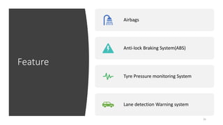 Feature
35
Airbags
Anti-lock Braking System(ABS)
Tyre Pressure monitoring System
Lane detection Warning system
 