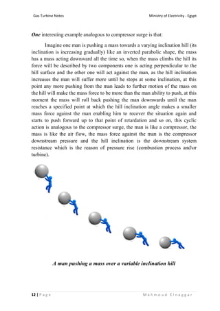 Ministry of Electricity - EgyptGas Turbine Notes
12 | P a g e M a h m o u d E l n a g g a r
One interesting example analogous to compressor surge is that:
Imagine one man is pushing a mass towards a varying inclination hill (its
inclination is increasing gradually) like an inverted parabolic shape, the mass
has a mass acting downward all the time so, when the mass climbs the hill its
force will be described by two components one is acting perpendicular to the
hill surface and the other one will act against the man, as the hill inclination
increases the man will suffer more until he stops at some inclination, at this
point any more pushing from the man leads to further motion of the mass on
the hill will make the mass force to be more than the man ability to push, at this
moment the mass will roll back pushing the man downwards until the man
reaches a specified point at which the hill inclination angle makes a smaller
mass force against the man enabling him to recover the situation again and
starts to push forward up to that point of retardation and so on, this cyclic
action is analogous to the compressor surge, the man is like a compressor, the
mass is like the air flow, the mass force against the man is the compressor
downstream pressure and the hill inclination is the downstream system
resistance which is the reason of pressure rise (combustion process andor
turbine).
A man pushing a mass over a variable inclination hill
 