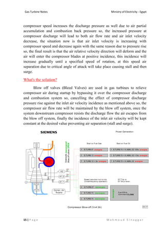Ministry of Electricity - EgyptGas Turbine Notes
15 | P a g e M a h m o u d E l n a g g a r
compressor speed increases the discharge pressure as well due to air partial
accumulation and combustion back pressure so, the increased pressure at
compressor discharge will lead to both air flow rate and air inlet velocity
decrease, the situation now is that air inlet velocity is increasing with
compressor speed and decrease again with the same reason due to pressure rise
so, the final result is that the air relative velocity direction will deform and the
air will enter the compressor blades at positive incidence, this incidence will
increase gradually until a specified speed of rotation, at this speed air
separation due to critical angle of attack will take place causing stall and then
surge.
What's the solution?
Blow off valves (Bleed Valves) are used in gas turbines to relieve
compressor air during startup by bypassing it over the compressor discharge
and combustion system so, cancelling the effect of compressor discharge
pressure rise against the inlet air velocity incidence as mentioned above so, the
compressor air flow rate will be maintained by the blow off system, once the
system downstream compressor resists the discharge flow the air escapes from
the blow off system, finally the incidence of the inlet air velocity will be kept
constant at the desired value preventing air separation (stall and surge).
 