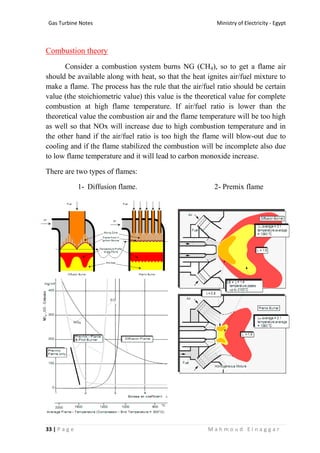 Ministry of Electricity - EgyptGas Turbine Notes
33 | P a g e M a h m o u d E l n a g g a r
Combustion theory
Consider a combustion system burns NG (CH4), so to get a flame air
should be available along with heat, so that the heat ignites air/fuel mixture to
make a flame. The process has the rule that the air/fuel ratio should be certain
value (the stoichiometric value) this value is the theoretical value for complete
combustion at high flame temperature. If air/fuel ratio is lower than the
theoretical value the combustion air and the flame temperature will be too high
as well so that NOx will increase due to high combustion temperature and in
the other hand if the air/fuel ratio is too high the flame will blow-out due to
cooling and if the flame stabilized the combustion will be incomplete also due
to low flame temperature and it will lead to carbon monoxide increase.
There are two types of flames:
1- Diffusion flame. 2- Premix flame
 