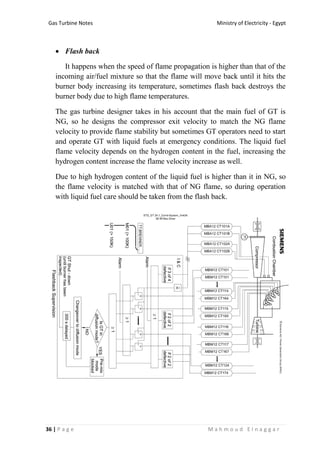 Ministry of Electricity - EgyptGas Turbine Notes
36 | P a g e M a h m o u d E l n a g g a r
 Flash back
It happens when the speed of flame propagation is higher than that of the
incoming air/fuel mixture so that the flame will move back until it hits the
burner body increasing its temperature, sometimes flash back destroys the
burner body due to high flame temperatures.
The gas turbine designer takes in his account that the main fuel of GT is
NG, so he designs the compressor exit velocity to match the NG flame
velocity to provide flame stability but sometimes GT operators need to start
and operate GT with liquid fuels at emergency conditions. The liquid fuel
flame velocity depends on the hydrogen content in the fuel, increasing the
hydrogen content increase the flame velocity increase as well.
Due to high hydrogen content of the liquid fuel is higher than it in NG, so
the flame velocity is matched with that of NG flame, so during operation
with liquid fuel care should be taken from the flash back.
 