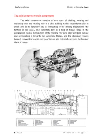 Ministry of Electricity - EgyptGas Turbine Notes
8 | P a g e M a h m o u d E l n a g g a r
The axial compressor main components
The axial compressor consists of two rows of blading, rotating and
stationary one, the rotating row is a disc holding blades circumferentially in
axial slots at its periphery and is connecting to the driving mechanism (the
turbine in our case). The stationary row is a ring of blades fixed in the
compressor casing, the function of the rotating row is to draw air from outside
and accelerating it towards the stationary blades, and the stationary blades
(vanes) convert the kinetic energy of the air into potential energy in the form of
static pressure.
 