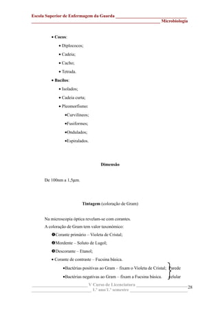 Escola Superior de Enfermagem da Guarda ________________________________
__________________________________________________________ Microbiologia
• Cocos:
• Diplococos;
• Cadeia;
• Cacho;
• Tetrada.
• Bacilos:
• Isolados;
• Cadeia curta;
• Pleomorfismo:
•Curvilíneos;
•Fusiformes;
•Ondulados;
•Espiralados.
Dimensão
De 100nm a 1,5µm.
Tintagem (coloração de Gram)
Na microscopia óptica revelam-se com corantes.
A coloração de Gram tem valor taxonómico:
Corante primário – Violeta de Cristal;
Mordente – Soluto de Lugol;
Descorante – Etanol;
• Corante de contraste – Fucsina básica.
•Bactérias positivas ao Gram – fixam o Violeta de Cristal; Parede
•Bactérias negativas ao Gram – fixam a Fucsina básica. celular
_________________________ V Curso de Licenciatura _______________________
___________________________ 1.º ano/1.º semestre __________________________
28
 