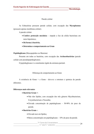 Escola Superior de Enfermagem da Guarda ________________________________
__________________________________________________________ Microbiologia
Parede celular
As Eubactérias possuem parede celular, com excepção das Mycoplasmas
(possuem apenas membrana celular).
A parede celular:
• Confere protecção mecânica – impede a lise da célula bacteriana em
meio hipotónico;
• Dá forma à bactéria;
• Determina o comportamento ao Gram
Peptidoglicano (Mucopeptideo ou Mureina)
Presente em todas as bactérias, com excepção das Archaeobactérias (parede
celular com pseudopeptidoglicano).
O peptidoglicano é o constituinte rígido da estrutura parietal.
Diferença de comportamento ao Gram
A existência de Gram + e Gram - deve-se a estrutura e química da parede
diferentes.
Diferenças mais relevantes
• Bactérias Gram +:
• Não têm lípidos, com excepção dos três géneros Mycobacterium,
Corynebacterium e Nocardia;
• Elevada concentração de peptidoglicano – 50-90% do peso da
parede.
• Bactérias Gram -:
• Elevado teor em lípidos;
• Baixa concentração em peptidoglicano – 10% do peso da parede.
_________________________ V Curso de Licenciatura _______________________
___________________________ 1.º ano/1.º semestre __________________________
29
 