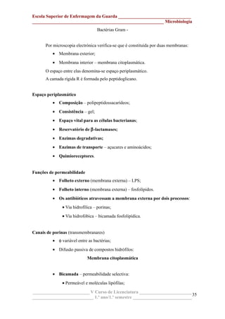Escola Superior de Enfermagem da Guarda ________________________________
__________________________________________________________ Microbiologia
Bactérias Gram -
Por microscopia electrónica verifica-se que é constituída por duas membranas:
• Membrana exterior;
• Membrana interior – membrana citoplasmática.
O espaço entre elas denomina-se espaço periplasmático.
A camada rígida R é formada pelo peptidoglicano.
Espaço periplasmático
• Composição – polipeptidossacarídeos;
• Consistência – gel;
• Espaço vital para as células bacterianas;
• Reservatório de β-lactamases;
• Enzimas degradativas;
• Enzimas de transporte – açucares e aminoácidos;
• Quimioreceptores.
Funções de permeabilidade
• Folheto externo (membrana externa) – LPS;
• Folheto interno (membrana externa) – fosfolípidos.
• Os antibióticos atravessam a membrana externa por dois processos:
• Via hidrofílica – porinas;
• Via hidrofóbica – bicamada fosfolipídica.
Canais de porinas (transmembranares)
• φ variável entre as bactérias;
• Difusão passiva de compostos hidrófilos:
Membrana citoplasmática
• Bicamada – permeabilidade selectiva:
• Permeável e moléculas lipófilas;
_________________________ V Curso de Licenciatura _______________________
___________________________ 1.º ano/1.º semestre __________________________
35
 