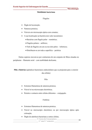 Escola Superior de Enfermagem da Guarda ________________________________
__________________________________________________________ Microbiologia
Mobilidade bacteriana
Flagelos
• Órgão de locomoção;
• Natureza proteica;
• Visíveis em microscopia óptica com corantes;
• A sua localização na bactéria tem valor taxonómico:
• Bactérias com flagelo polar – monótrico;
• Flagelos polares – anfítrico;
• Tufo de flagelos em um ou nos dois pólos – lofotricos;
• Distribuem-se em toda a superfície – peritrica
Outras espécies movem-se por contractura de um conjunto de fibras situadas no
periplasma – filamento axial – com mobilidade deslizante.
Pilis e fimbrias (apêndices bacterianos endocelulares que se projectam para o exterior
das células)
Pilis
• Estrutura filamentosa de natureza proteica;
• Visível só na microscopia electrónica;
• Permite o contacto entre células diferentes – conjugação.
Fimbrias
• Estrutura filamentosa de natureza proteica;
• Visível no microscópio electrónico ou por microscopia óptica após
coloração;
• Órgão de aderência bacteriana a outras células;
_________________________ V Curso de Licenciatura _______________________
___________________________ 1.º ano/1.º semestre __________________________
39
 