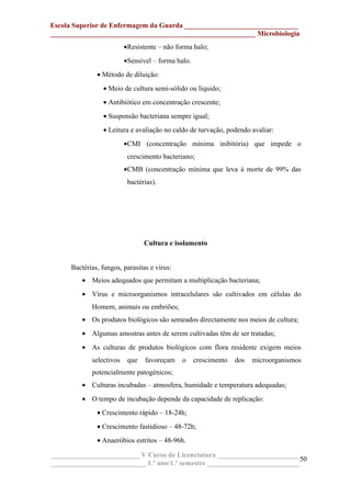 Escola Superior de Enfermagem da Guarda ________________________________
__________________________________________________________ Microbiologia
•Resistente – não forma halo;
•Sensível – forma halo.
• Método de diluição:
• Meio de cultura semi-sólido ou líquido;
• Antibiótico em concentração crescente;
• Suspensão bacteriana sempre igual;
• Leitura e avaliação no caldo de turvação, podendo avaliar:
•CMI (concentração mínima inibitória) que impede o
crescimento bacteriano;
•CMB (concentração mínima que leva à morte de 99% das
bactérias).
Cultura e isolamento
Bactérias, fungos, parasitas e vírus:
• Meios adequados que permitam a multiplicação bacteriana;
• Vírus e microorganismos intracelulares são cultivados em células do
Homem, animais ou embriões;
• Os produtos biológicos são semeados directamente nos meios de cultura;
• Algumas amostras antes de serem cultivadas têm de ser tratadas;
• As culturas de produtos biológicos com flora residente exigem meios
selectivos que favoreçam o crescimento dos microorganismos
potencialmente patogénicos;
• Culturas incubadas – atmosfera, humidade e temperatura adequadas;
• O tempo de incubação depende da capacidade de replicação:
• Crescimento rápido – 18-24h;
• Crescimento fastidioso – 48-72h;
• Anaeróbios estritos – 48-96h.
_________________________ V Curso de Licenciatura _______________________
___________________________ 1.º ano/1.º semestre __________________________
50
 
