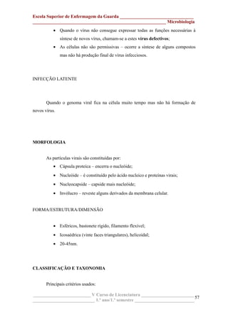 Escola Superior de Enfermagem da Guarda ________________________________
__________________________________________________________ Microbiologia
• Quando o vírus não consegue expressar todas as funções necessárias à
síntese de novos vírus, chamam-se a estes vírus defectivos;
• As células não são permissivas – ocorre a síntese de alguns compostos
mas não há produção final de vírus infecciosos.
INFECÇÃO LATENTE
Quando o genoma viral fica na célula muito tempo mas não há formação de
novos vírus.
MORFOLOGIA
As partículas virais são constituídas por:
• Cápsula proteica – encerra o nucleóide;
• Nucleóide – é constituído pelo ácido nucleico e proteínas virais;
• Nucleocapside – capside mais nucleóide;
• Invólucro – reveste alguns derivados da membrana celular.
FORMA/ESTRUTURA/DIMENSÃO
• Esféricos, bastonete rígido, filamento flexível;
• Icosaédrica (vinte faces triangulares), helicoidal;
• 20-45nm.
CLASSIFICAÇÃO E TAXONOMIA
Principais critérios usados:
_________________________ V Curso de Licenciatura _______________________
___________________________ 1.º ano/1.º semestre __________________________
57
 