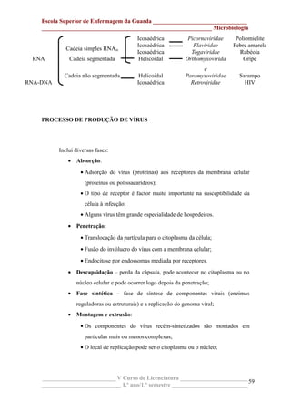 Escola Superior de Enfermagem da Guarda ________________________________
__________________________________________________________ Microbiologia
RNA
Cadeia simples RNAm
Icosaédrica Picornaviridae Poliomielite
Icosaédrica Flaviridae Febre amarela
Icosaédrica Togaviridae Rubéola
Cadeia segmentada Helicoidal Orthomyxovirida
e
Gripe
Cadeia não segmentada Helicoidal Paramyxoviridae Sarampo
RNA-DNA Icosaédrica Retroviridae HIV
PROCESSO DE PRODUÇÃO DE VÍRUS
Inclui diversas fases:
• Absorção:
• Adsorção do vírus (proteínas) aos receptores da membrana celular
(proteínas ou polissacarídeos);
• O tipo de receptor é factor muito importante na susceptibilidade da
célula à infecção;
• Alguns vírus têm grande especialidade de hospedeiros.
• Penetração:
• Translocação da partícula para o citoplasma da célula;
• Fusão do invólucro do vírus com a membrana celular;
• Endocitose por endossomas mediada por receptores.
• Descapsidação – perda da cápsula, pode acontecer no citoplasma ou no
núcleo celular e pode ocorrer logo depois da penetração;
• Fase sintética – fase de síntese de componentes virais (enzimas
reguladoras ou estruturais) e a replicação do genoma viral;
• Montagem e extrusão:
• Os componentes do vírus recém-sintetizados são montados em
partículas mais ou menos complexas;
• O local de replicação pode ser o citoplasma ou o núcleo;
_________________________ V Curso de Licenciatura _______________________
___________________________ 1.º ano/1.º semestre __________________________
59
 