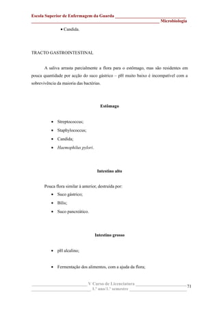Escola Superior de Enfermagem da Guarda ________________________________
__________________________________________________________ Microbiologia
• Candida.
TRACTO GASTROINTESTINAL
A saliva arrasta parcialmente a flora para o estômago, mas são residentes em
pouca quantidade por acção do suco gástrico – pH muito baixo é incompatível com a
sobrevivência da maioria das bactérias.
Estômago
• Streptococcus;
• Staphylococcus;
• Candida;
• Haemophilus pylori.
Intestino alto
Pouca flora similar à anterior, destruída por:
• Suco gástrico;
• Bílis;
• Suco pancreático.
Intestino grosso
• pH alcalino;
• Fermentação dos alimentos, com a ajuda da flora;
_________________________ V Curso de Licenciatura _______________________
___________________________ 1.º ano/1.º semestre __________________________
71
 