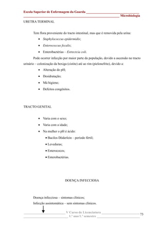 Escola Superior de Enfermagem da Guarda ________________________________
__________________________________________________________ Microbiologia
URETRA TERMINAL
Tem flora proveniente do tracto intestinal, mas que é removida pela urina:
• Staphylococcus epidermidis;
• Enterococcus fecalis;
• Enterobactérias – Estrectcia coli.
Pode ocorrer infecção por maior parte da população, devido a ascensão no tracto
urinário – colonização da bexiga (cistite) até ao rim (pielonefrite), devido a:
• Alteração do pH;
• Desidratação;
• Má higiene;
• Defeitos congénitos.
TRACTO GENITAL
• Varia com o sexo;
• Varia com a idade;
• Na mulher o pH é ácido:
• Bacilos Döderlein – período fértil;
• Leveduras;
• Enterococos;
• Enterobactérias.
DOENÇA INFECCIOSA
Doença infecciosa – sintomas clínicos;
Infecção assintomática – sem sintomas clínicos.
_________________________ V Curso de Licenciatura _______________________
___________________________ 1.º ano/1.º semestre __________________________
73
 