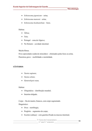 Escola Superior de Enfermagem da Guarda ________________________________
__________________________________________________________ Microbiologia
• Schistosoma japonicum – urina;
• Schistosoma mansoni – urina;
• Schistosoma healmatobium – fezes.
Habitat:
• África;
• Ásia;
• Portugal – zona do Algarve;
• No Homem – cavidade intestinal.
Macho/fêmea.
Ovos operculados (saída do miracídeo) – eliminados pelas fezes ou urina.
Parasitose grave – morbilidade e mortalidade.
CÉSTODOS
• Taenia saginata;
• Taenia solium;
• Hymenolepsis nana.
Habitat:
• Ubiquitários – distribuição mundial;
• Intestino delgado.
Corpo – fita de mastro, brancos, com corpo segmentado.
Diagnóstico:
• Ovos – morfologia;
• Proglotis – segmentos do corpo;
• Escolex (cabeça) – com ganchos/fixada na mucosa intestinal;
_________________________ V Curso de Licenciatura _______________________
___________________________ 1.º ano/1.º semestre __________________________
90
 