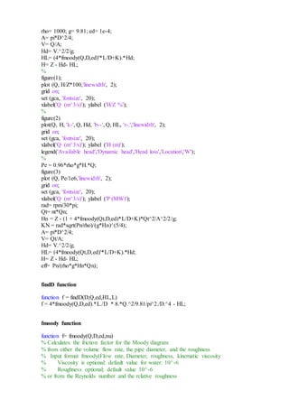 rho= 1000; g= 9.81; ed= 1e-4;
A= pi*D^2/4;
V= Q/A;
Hd= V.^2/2/g;
HL= (4*fmoody(Q,D,ed)'*L/D+K).*Hd;
H= Z - Hd- HL;
%
figure(1);
plot (Q, H/Z*100,'linewidth', 2);
grid on;
set (gca, 'fontsize', 20);
xlabel('Q (m^3/s)'); ylabel ('H/Z %');
%
figure(2)
plot(Q, H, 'k-', Q, Hd, 'b--', Q, HL, 'r-.','linewidth', 2);
grid on;
set (gca, 'fontsize', 20);
xlabel('Q (m^3/s)'); ylabel ('H (m)');
legend('Available head','Dynamic head','Head loss','Location','W');
%
Pe = 0.96*rho*g*H.*Q;
figure(3)
plot (Q, Pe/1e6,'linewidth', 2);
grid on;
set (gca, 'fontsize', 20);
xlabel('Q (m^3/s)'); ylabel ('P (MW)');
rad= rpm/30*pi;
Qt= nt*Qn;
Hn = Z - (1 + 4*fmoody(Qt,D,ed)*L/D+K)*Qt^2/A^2/2/g;
KN = rad*sqrt(Pn/rho)/(g*Hn)^(5/4);
A= pi*D^2/4;
V= Qt/A;
Hd= V.^2/2/g;
HL= (4*fmoody(Qt,D,ed)'*L/D+K).*Hd;
H= Z - Hd- HL;
eff= Pn/(rho*g*Hn*Qn);
findD function
function f = findD(D,Q,ed,HL,L)
f = 4*fmoody(Q,D,ed).*L./D * 8.*Q.^2/9.81/pi^2./D.^4 - HL;
fmoody function
function f= fmoody(Q,D,ed,nu)
% Calculates the friction factor for the Moody diagram
% from either the volume flow rate, the pipe diameter, and the roughness
% Input format fmoody(Flow rate, Diameter, roughness, kinematic viscosity
% Viscosity is optional: default value for water: 10^-6
% Roughness optional; default value 10^-6
% or from the Reynolds number and the relative roughness
 