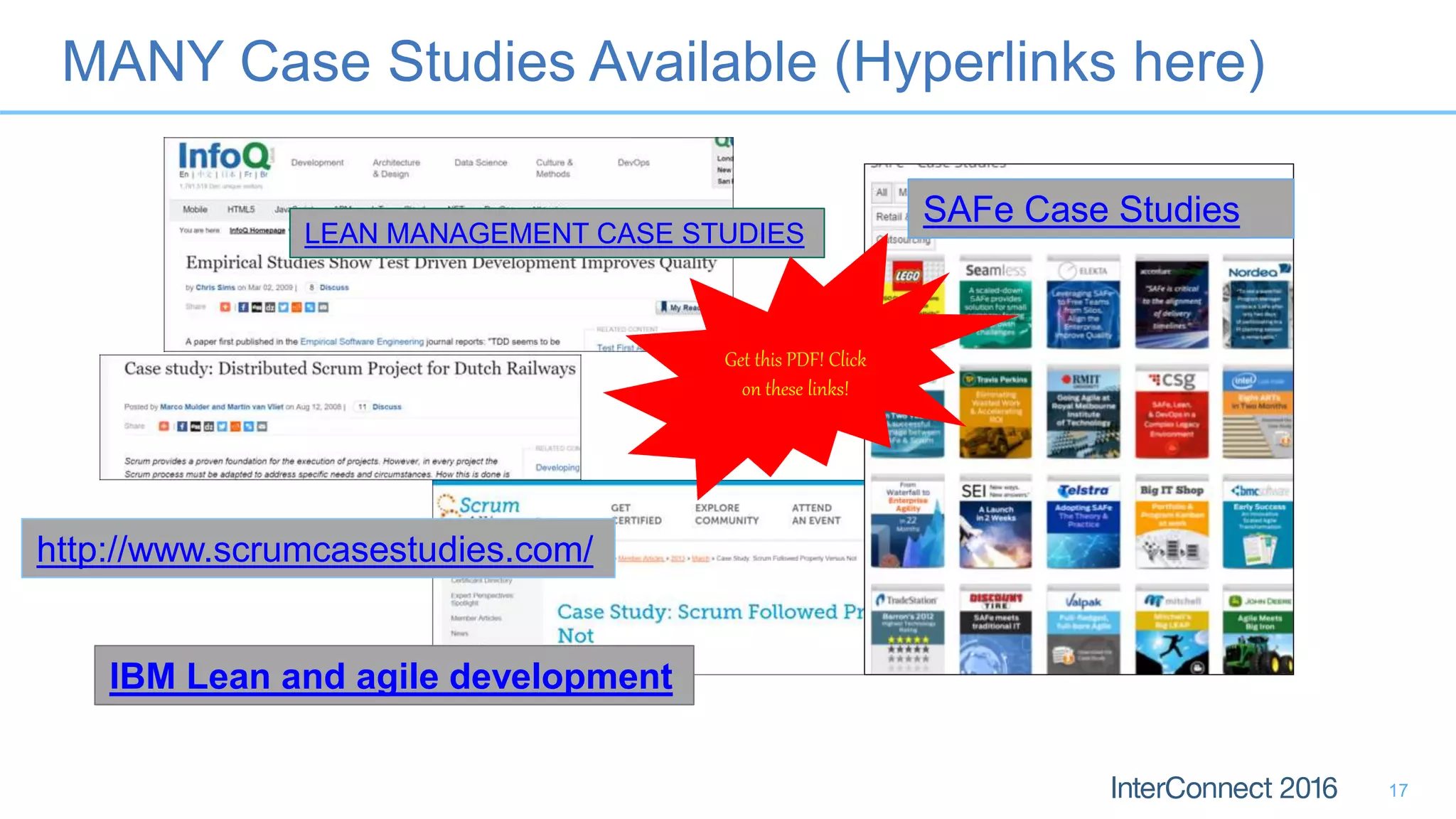 MANY Case Studies Available (Hyperlinks here)
17
http://www.scrumcasestudies.com/
SAFe Case Studies
LEAN MANAGEMENT CASE STUDIES
IBM Lean and agile development
Get this PDF! Click
on these links!
 