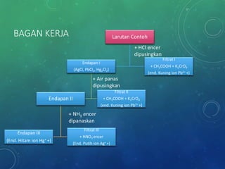 Larutan Contoh
Endapan I
(AgCl, PbCl2, Hg2Cl2)
Endapan II
Endapan III
(End. Hitam ion Hg+ +)
Filtrat III
+ HNO3 encer
(End. Putih ion Ag+ +)
Filtrat II
+ CH3COOH + K2CrO4
(end. Kuning ion Pb2+ +)
Filtrat I
+ CH3COOH + K2CrO4
(end. Kuning ion Pb2+ +)
+ HCl encer
dipusingkan
+ Air panas
dipusingkan
+ NH3 encer
dipanaskan
BAGAN KERJA
 