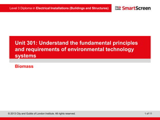 Level 3 Diploma in Electrical Installations (Buildings and Structures)
© 2013 City and Guilds of London Institute. All rights reserved. 1 of 11
PowerPointpresentation
Biomass
Unit 301: Understand the fundamental principles
and requirements of environmental technology
systems
 