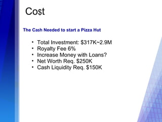 Co $ t Total Investment: $317K~2.9M Royalty Fee 6% Increase Money with Loans?  Net Worth Req. $250K Cash Liquidity Req. $150K  The Ca $ h Needed to start a Pizza Hut 