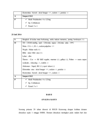 Ekstremitas bawah : akral hangat +/+, oedem -/-, petekie -/-
A Suspect SLE
P  Metil Prednisolon 4 x 125mg
 Inj. Ceftriakson
 Pamol 3 x 1
25 Juli 2014
S Bengkak di kedua mata berkurang, nafsu makan menurun, pusing berdenyut (+).
O TD : 130/60 mmHg, nadi : 120x/mnt, napas : 24x/mnt, suhu : 39ºC
Mata : CA -/-, SI -/-, oedem palpebra +/+
Wajah : Malar rash (+)
Bibir : ulcer bibir atas (+)
Leher : dbn
Thorax : Cor → BJ I&II regular, murmur (-), gallop (-), Pulmo → suara napas
vesikuler, wheezing -/-, ronkhi -/-
Abdomen : Supel, BU (+), nyeri tekan (-)
Ektremitas atas : akral hangat +/+, oedem -/-, petekie -/-
Ekstremitas bawah : akral hangat +/+, oedem -/-
A Suspect SLE
P  Metil Prednisolon 4 x 125mg
 Inj. Ceftriakson
 Pamol 3 x 1
BAB II
ANALISA KASUS
Seorang priausia 28 tahun dirawat di RSUD Karawang dengan keluhan demam
dirasakan sejak 1 minggu SMRS. Demam dirasakan meningkat pada malam hari dan
 