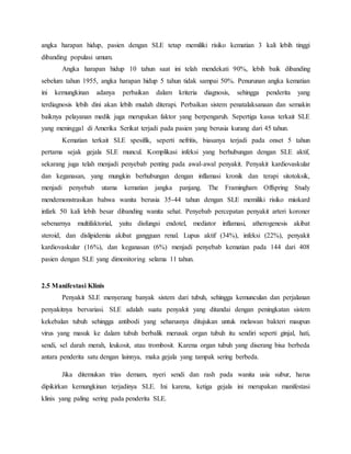 angka harapan hidup, pasien dengan SLE tetap memiliki risiko kematian 3 kali lebih tinggi
dibanding populasi umum.
Angka harapan hidup 10 tahun saat ini telah mendekati 90%, lebih baik dibanding
sebelum tahun 1955, angka harapan hidup 5 tahun tidak sampai 50%. Penurunan angka kematian
ini kemungkinan adanya perbaikan dalam kriteria diagnosis, sehingga penderita yang
terdiagnosis lebih dini akan lebih mudah diterapi. Perbaikan sistem penatalaksanaan dan semakin
baiknya pelayanan medik juga merupakan faktor yang berpengaruh. Sepertiga kasus terkait SLE
yang meninggal di Amerika Serikat terjadi pada pasien yang berusia kurang dari 45 tahun.
Kematian terkait SLE spesifik, seperti nefritis, biasanya terjadi pada onset 5 tahun
pertama sejak gejala SLE muncul. Komplikasi infeksi yang berhubungan dengan SLE aktif,
sekarang juga telah menjadi penyebab penting pada awal-awal penyakit. Penyakit kardiovaskular
dan keganasan, yang mungkin berhubungan dengan inflamasi kronik dan terapi sitotoksik,
menjadi penyebab utama kematian jangka panjang. The Framingham Offspring Study
mendemonstrasikan bahwa wanita berusia 35-44 tahun dengan SLE memiliki risiko miokard
infark 50 kali lebih besar dibanding wanita sehat. Penyebab percepatan penyakit arteri koroner
sebenarnya multifaktorial, yaitu disfungsi endotel, mediator inflamasi, atherogenesis akibat
steroid, dan dislipidemia akibat gangguan renal. Lupus aktif (34%), infeksi (22%), penyakit
kardiovaskular (16%), dan keganasan (6%) menjadi penyebab kematian pada 144 dari 408
pasien dengan SLE yang dimonitoring selama 11 tahun.
2.5 Manifestasi Klinis
Penyakit SLE menyerang banyak sistem dari tubuh, sehingga kemunculan dan perjalanan
penyakitnya bervariasi. SLE adalah suatu penyakit yang ditandai dengan peningkatan sistem
kekebalan tubuh sehingga antibodi yang seharusnya ditujukan untuk melawan bakteri maupun
virus yang masuk ke dalam tubuh berbalik merusak organ tubuh itu sendiri seperti ginjal, hati,
sendi, sel darah merah, leukosit, atau trombosit. Karena organ tubuh yang diserang bisa berbeda
antara penderita satu dengan lainnya, maka gejala yang tampak sering berbeda.
Jika ditemukan trias demam, nyeri sendi dan rash pada wanita usia subur, harus
dipikirkan kemungkinan terjadinya SLE. Ini karena, ketiga gejala ini merupakan manifestasi
klinis yang paling sering pada penderita SLE.
 