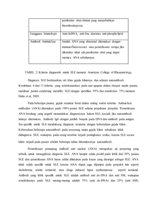 pemberian obat-obatan yang menyebabkan
thrombositopenia.
Gangguan Imunologis Anti-dsDNA, anti-Sm, dan/atau anti-phospholipid
Antibodi Antinuklear Jumlah ANA yang abnormal ditemukan dengan
immunofluoroscence atau pemeriksaan serupa jika
diketahui tidak ada pemberian obat yang dapat
memicu ANA sebelumnya.
TABEL 2: Kriteria diagnostik untuk SLE menurut American College of Rheumatology.
Diagnosis SLE berdasarkan ciri khas gejala klinisnya dan adanya autoantibodi.
Kombinasi 4 dari 11 kriteria, yang terdokumentasi pada saat apapun dalam riwayat medis pasien,
membuat pasien cenderung memiliki SLE dengan spesifitas 95% dan sensitivitas 75% menurut
Hahn et al, 2005.
Pada beberapa pasien, gejala semakin berat dalam selang waktu tertentu. Antinuclear
antibodies (ANA) ditemukan pada >98% pasien SLE selama perjalanan penyakit. Pemeriksaan
ANA berulang yang negatif menandakan diagnosisnya bukan SLE, kecuali jika autoantibodi
lainnya ditemukan. Antibodi IgG dengan jumlah banyak pada DNA dan antibodi pada antigen
Sm spesifik untuk SLE mendukung diagnosis terutama dengan keberadaan gejala klinis.
Keberadaan beberapa autoantibodi pada seseorang tanpa gejala klinis sebaiknya tidak
didiagnosis SLE, walaupun pada orang tersebut terjadi peningkatan resiko, karena SLE secara
klinis terjadi pada pasien setelah beberapa tahun ditemukannya autoantibodi.
Pemeriksaan penunjang antibodi anti nuclear (ANA) merupakan uji penyaring yang
terbaik untuk menegakkan diagnosis SLE. ANA hampir selalu positif pada lebih dari 95% pasien
SLE dan pemeriksaan ANA harus selalu dilakukan pada kasus yang dicurigai sebagai SLE. ANA
tidak selalu spesifik untuk SLE karena ANA dapat juga dijumpai pada penyakit lain seperti
skeloderma, artritis rematoid, atau drugs induced lupus erythematosus seperti isoniazid.
Antibodi yang lebih spesifik untuk SLE adalah antibodi anti ds-DNA dan anti SM, walaupun
sensitivitasnya pada SLE masing-masing adalah 75% (anti ds-DNA) dan 25% (anti SM).
 