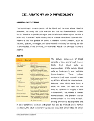 III. ANATOMY AND PHYSIOLOGY
HEMATOLOGIC SYSTEM
The hematologic system consists of the blood and the sites where blood is
produced, including the bone marrow and the reticuloendothelial system
(RES). Blood is a specialized organ that differs from other organs in that it
exists in a fluid state. Blood iscomposed of plasma and various types of cells.
Plasma is the fluid portion of blood; it contains various proteins, such as
albumin, globulin, fibrinogen, and other factors necessary for clotting, as well
as electrolytes, waste products, and nutrients. About 55% of blood volume is
plasma.
BLOOD
The cellular component of blood
consists of three primary cell types :
RBCs (red blood cells or
erythrocytes), WBCs (white blood
cells or leukocytes), and platelets
(thrombocytes). These cellular
components of blood normally make
up 40% to 45% of the blood volume.
Because most blood cells have a
short life span, the need for the
body to replenish its supply of cells
is continuous; this process is termed
hematopoiesis. The primary site for
hematopoiesis is the bone marrow.
During embryonic development and
in other conditions, the liver and spleen may also be involved. Under normal
conditions, the adult bone marrow produces about 175 billion RBCs, 70 billion
DENGUE HEMORRHAGIC FEVER
 