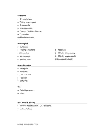 Endocrine
(-) Chronic fatigue
(-) Weight loss – recent
(-) Bruise easily
(-) Cold extremities
(-) Tremors (shaking of hands)
(-) Convulsions
(+) Muscle weakness
Neurological
(-) Numbness
(-) Tingling sensations
(+) Headaches
(-) Nervousness
(-) Memory Loss
(-) Moodiness
(-) Difficulty falling asleep
(-) Difficulty staying awake
(+) Increased irritability
Musculoskeletal
(-) Neck pain
(-) Joint pain
(-) Low back pain
(-) Foot pain
(-) Stiff joints
Skin
(-) Petechiae rashes
(-) Hives
Past Medical History:
(-) previous hospitalization / OR / accidents
(-) asthma / allergy
DENGUE HEMORRHAGIC FEVER
 