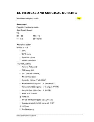 IX. MEDICAL AND SURGICAL NURSING
Admission/Emergency Notes: Day 1
Assessment
Patient (+)Tonsillopharyngitis
Clear Breath Sounds
VS:
RR = 30 PR = 110
T = 40.5 BP = 90/40
Physicians Order
DIAGNOSTICS
• CBC
• QPC - done
• Urinalysis - done
• Stool Examination
THERAPEAUTICS
• Admit to Pediaward
• TPR every shift
• DAT (Diet as Tolerated)
• Monitor Vital Signs
• Ampicillin 130 mg IV q8h ANST
• Paracetamol 125mg/5ml  5ml q4h RTC
• Paracetamol 300 mg/amp  ½ ampule IV PRN
• Ascorbic Acid 100mg/5ml  5ml OD
• Refer to Dr. Soriano
@ 10:15 am
• IVF d5 IMB 1000ml @ 50 ugtts, 24 hours
• Increase ampicillin to 350 mg IV q6h ANST
@ 16:00 pm
• For Bloodtyping
DENGUE HEMORRHAGIC FEVER
 