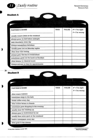 •
• IDaily routine
Student A
Reward Elementary
Resource Pack
PHOTOCOPIABlE© Macmillan Publishen Urr"ted 1991.
ae " " , "... ....... , .,. , .., , , , , , ", , ,., , ,
StudentB
 
