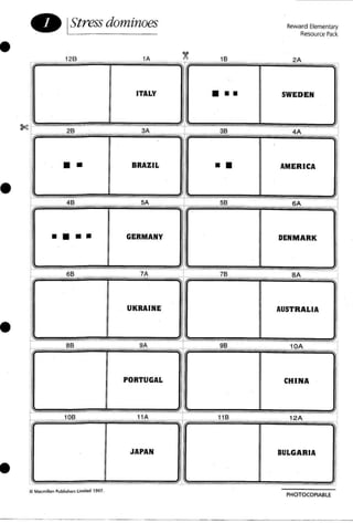 •
• IStress dominoes Reward Elementary
Resource Pack
128 1,0. lB 2,0.
4,0.
6,0.
IDA
PHOTOCOPlABlE
5B
9B
3B3,0.
SA
9,0.8B
2B
4B ,.--t... , ...__ ., ,
• • • • GERMANY DENMARK
6B . 7,0. . 7B 8,0..
UKRAINE AUSTRALIA
, o.
r'
,
ITALY
• • • SWEDEN
~., - ..~., . <
, ..+... ,
1
• • BRAZIL • • AMERICA
...~ .. ..",..
i... .+
,
PORTUGAL CHINA
i
.-
.10B t 1,0. l1B 12,0.
, ',"
JAPAN BULGARIA
d •• ,
7.
•
•
•
 