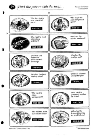 • IHnd the person with the most...
~
RewardElementary
RE"SOUrce Pack
Who lives in the
most beautiful
place?
FIND OUT
Who plays th e
most dangerous
sport?
FIND OUT
~;======~~=====~.
•
•
- - _.-
Who has the most
interesting
ambition?
FIND OUT
Who had the
healthiest
breakfast this
morning?
FIND OUT
Who has the best
singing voice?
FIND OUT
Who had the
busiest weekend?
FIND OUT
Who has the
smallest pet?
FIND OUT
Who has the most
tiring lifestyle?
FIND OUT
;=:::::====~..,~. =====~
• tI Macmilla n Publl~heu li mited 19 91 .
Who has t he
oldest
grandparent?
FIND OUT
Who has the most
expensive hobby?
FIND OUT
Who has the
youngest brother
o r sister?
FIND OUT
Who has the
lo ngest journey
t o work/school?
FIND OUT
PHOTOCOPIABlE
 
