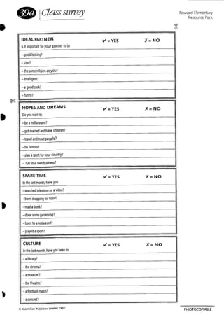 •
•
•
)
• IClass sUlvey
- . ,
IDEAL PARTNER
V=YES )( = NO
1
IIs it importantfor your partnertobe
- good·looking?,
I - kineH
,
- thesame refllJion asyou1
I - intelflgenH
1-'good cook?
I- funny?
-~
. - -
IIHOPES AND DREAMS
V= YES )(= NO
Do you want to
I - beit millionnaire?,
- getmarried and have children?
- travel and meetpeople?
- befamous?
- playit sport for your country?
, - run ycu own business?
I
,
SPARE TIM E
V= YES )( = N O
Inthe last month, have you
- watchedtelevston orit video?
- beenshopping for food?
" - read abook?
I _ clone some gardening?
I - been to a r~ant?
I
,
-pLlye<! ._?,
ICULTURE v'=YES )(=NO
! In thelast month, have you been to
I
it library? ,
! -the cinema?
t - amuseum? ,
-the theatre?
- it football match?
, - it concert?
- . -.
Reward Elementary
Resource Pack
PHOTOCOPlABlE
 