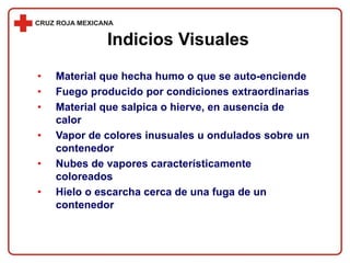 • Material que hecha humo o que se auto-enciende
• Fuego producido por condiciones extraordinarias
• Material que salpica o hierve, en ausencia de
calor
• Vapor de colores inusuales u ondulados sobre un
contenedor
• Nubes de vapores característicamente
coloreados
• Hielo o escarcha cerca de una fuga de un
contenedor
Indicios Visuales
 