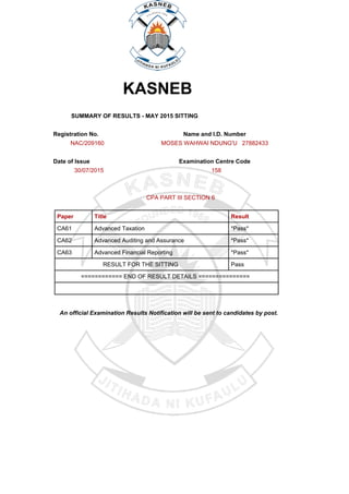 KASNEB
SUMMARY OF RESULTS - MAY 2015 SITTING
Registration No. Name and I.D. Number
NAC/209160 MOSES WAHWAI NDUNG'U 27882433
Date of Issue Examination Centre Code
30/07/2015 158
CPA PART III SECTION 6
Paper Title Result
CA61 Advanced Taxation *Pass*
CA62 Advanced Auditing and Assurance *Pass*
CA63 Advanced Financial Reporting *Pass*
RESULT FOR THE SITTING Pass
============ END OF RESULT DETAILS ===============
An official Examination Results Notification will be sent to candidates by post.
Powered by TCPDF (www.tcpdf.org)
 