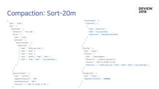 {
"type" : "index",
"spec" : {
"dataSchema" : {
"dataSource" : ”sort_20m",
"parser" : {
"type" : "noop",
"parseSpec" : {
"dimensionsSpec" : {
"dimensions" : [
{ "name" : ”kafka_part_key" },
{ "name" : ”dim1" },
{ "name" : ”dim2" },
{ "type" : "double", "name" : ”met1" },
{ "type" : "long", "name" : "raw_timestamp" }
]
}
}
},
"granularitySpec" : {
"type" : "uniform",
"segmentGranularity" : "DAY",
"queryGranularity" : "DAY",
"intervals" : [ "2017-12-29/2017-12-30" ]
},
"transformSpec" : {
"transforms": [
{
"type": "expression",
"name": "raw_timestamp",
"expression": "timestamp(timestamp)"
}
]
}
},
"ioConfig" : {
"type" : "index",
"firehose" : {
"type" : "ingestSegment",
"dataSource" : "original_datasource",
"interval" : "2017-12-29/2017-12-30",
"dimensions" : [ ”kafka_part_key", ”dim1", ”dim2", ”met1", "raw_timestamp" ]
}
},
"tuningConfig" : {
"type" : "index",
"targetPartitionSize" : 20000000
}
}
}
 