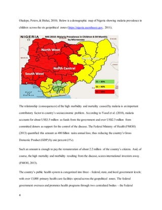 4
Oladepo, Peters,& Bishai, 2010). Below is a demographic map of Nigeria showing malaria prevalence in
children across the six geopolitical zones (https://nigeria.usembassy.gov, 2011);
The relationship (consequences) of the high morbidity and mortality caused by malaria is an important
contributory factor to country’s socioeconomic problem. According to Yusuf et al. (2010), malaria
accounts for about US$3.5 million as funds from the government and over US$2.3 million from
committed donors as support for the control of the disease. The Federal Ministry of Health (FMOH)
(2013) quantified this amount as 480 billion naira annual loss; thus reducing the country’s Gross
Domestic Product (GDP) by one percent (1%).
Such an amount is enough to pay the remuneration of about 2.2 million of the country’s citizens. And, of
course, the high mortality and morbidity resulting from the disease,scares international investors away
(FMOH, 2013).
The country’s public health system is categorized into three – federal, state,and local government levels;
with over 13,000 primary health care facilities spread across the geopolitical zones. The federal
government oversees and promotes health programs through two centralized bodies – the Federal
 