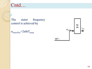 Cntd…
The
stator
frequency
control is achieved by
өstatorflux=2πfnTsamp

14

 