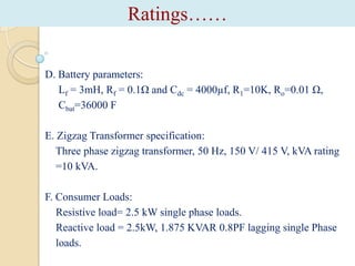 Ratings……
D. Battery parameters:
Lf = 3mH, Rf = 0.1Ω and Cdc = 4000µf, R1=10K, Ro=0.01 Ω,
Cbat=36000 F
E. Zigzag Transformer specification:
Three phase zigzag transformer, 50 Hz, 150 V/ 415 V, kVA rating
=10 kVA.
F. Consumer Loads:
Resistive load= 2.5 kW single phase loads.
Reactive load = 2.5kW, 1.875 KVAR 0.8PF lagging single Phase
loads.

 