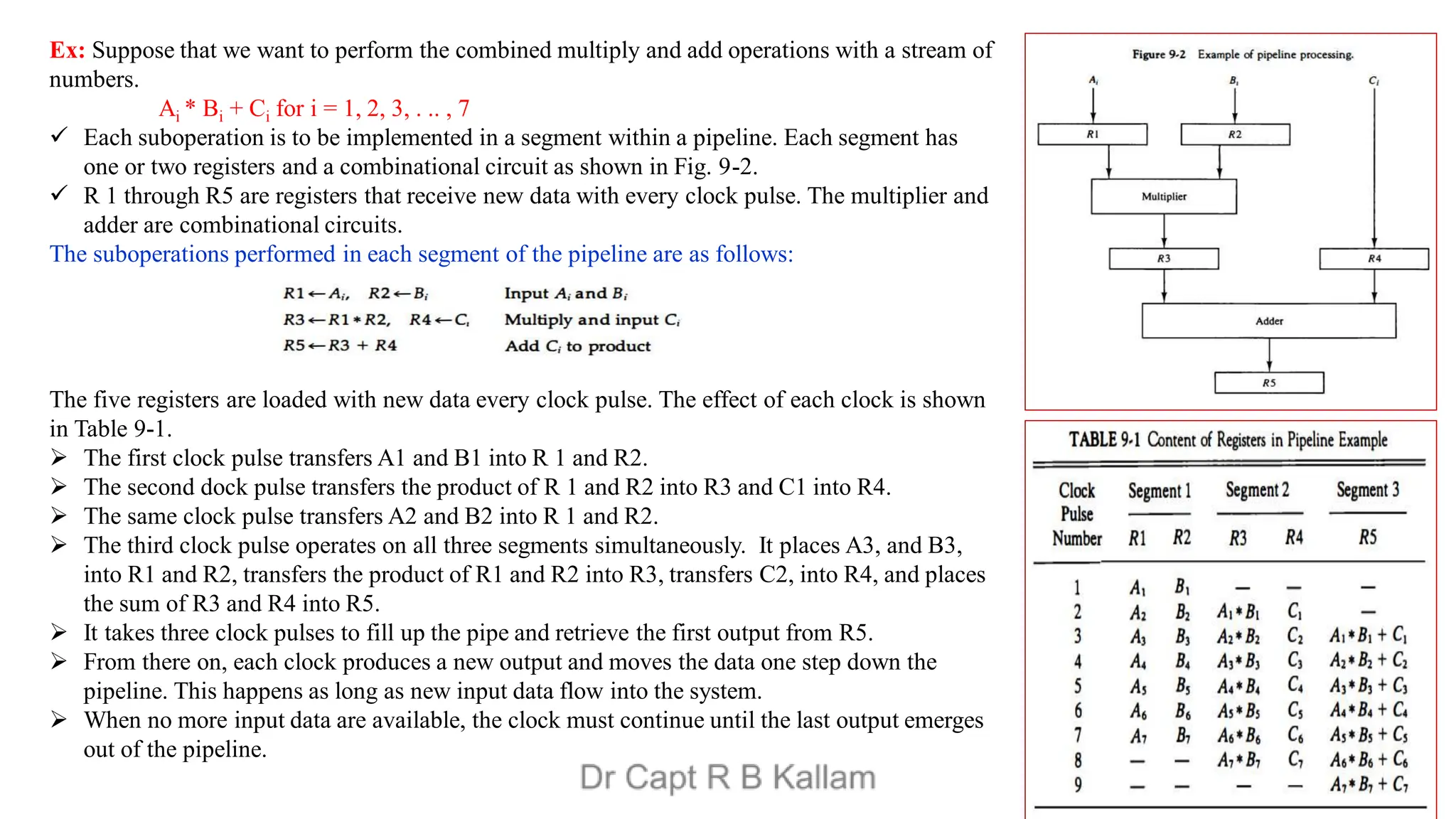 Ex: Suppose that we want to perform the combined multiply and add operations with a stream of
numbers.
Ai * Bi + Ci for i = 1, 2, 3, . .. , 7
 Each suboperation is to be implemented in a segment within a pipeline. Each segment has
one or two registers and a combinational circuit as shown in Fig. 9-2.
 R 1 through R5 are registers that receive new data with every clock pulse. The multiplier and
adder are combinational circuits.
The suboperations performed in each segment of the pipeline are as follows:
The five registers are loaded with new data every clock pulse. The effect of each clock is shown
in Table 9-1.
 The first clock pulse transfers A1 and B1 into R 1 and R2.
 The second dock pulse transfers the product of R 1 and R2 into R3 and C1 into R4.
 The same clock pulse transfers A2 and B2 into R 1 and R2.
 The third clock pulse operates on all three segments simultaneously. It places A3, and B3,
into R1 and R2, transfers the product of R1 and R2 into R3, transfers C2, into R4, and places
the sum of R3 and R4 into R5.
 It takes three clock pulses to fill up the pipe and retrieve the first output from R5.
 From there on, each clock produces a new output and moves the data one step down the
pipeline. This happens as long as new input data flow into the system.
 When no more input data are available, the clock must continue until the last output emerges
out of the pipeline.
 