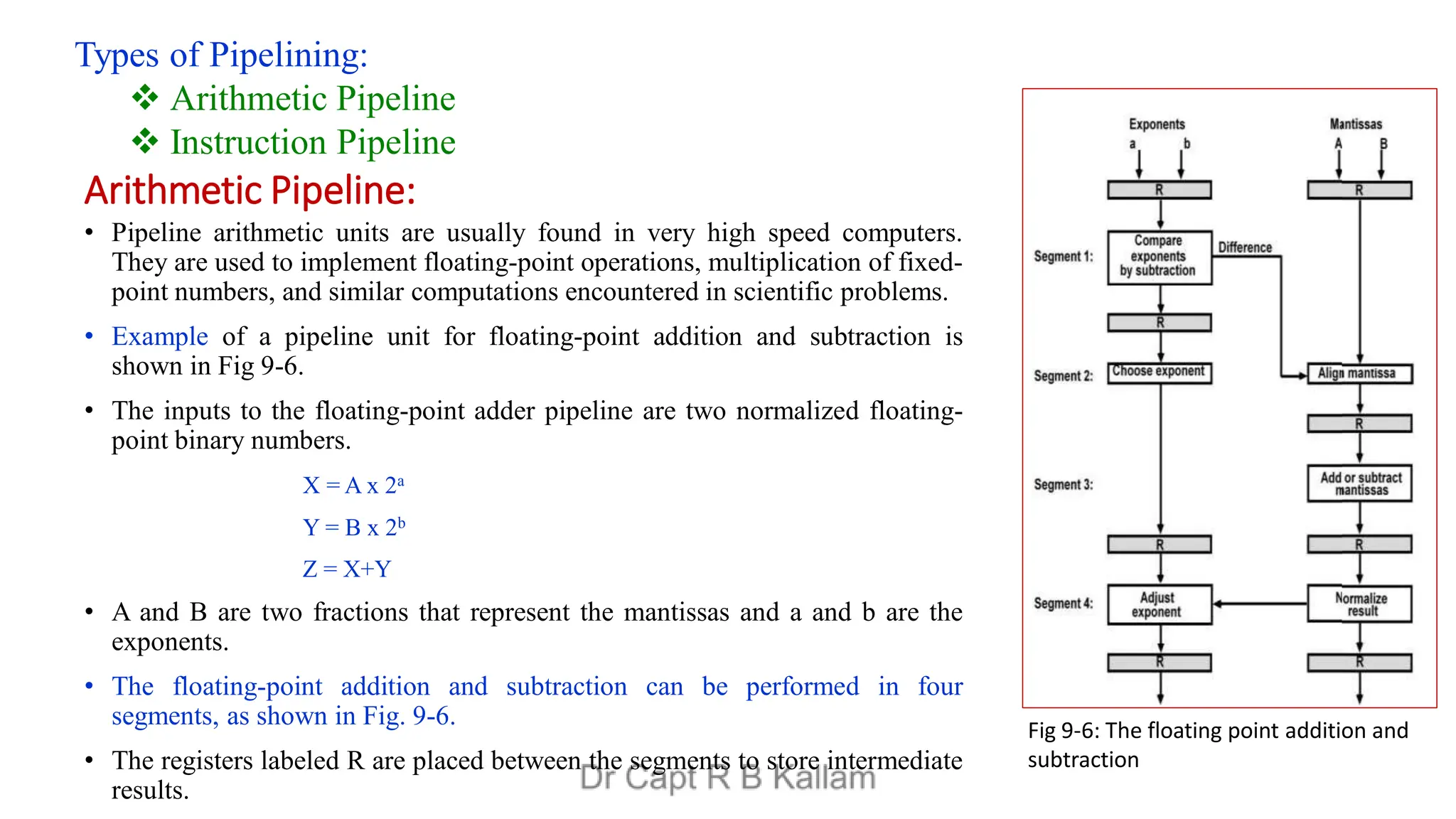 Arithmetic Pipeline:
• Pipeline arithmetic units are usually found in very high speed computers.
They are used to implement floating-point operations, multiplication of fixed-
point numbers, and similar computations encountered in scientific problems.
• Example of a pipeline unit for floating-point addition and subtraction is
shown in Fig 9-6.
• The inputs to the floating-point adder pipeline are two normalized floating-
point binary numbers.
X = A x 2a
Y = B x 2b
Z = X+Y
• A and B are two fractions that represent the mantissas and a and b are the
exponents.
• The floating-point addition and subtraction can be performed in four
segments, as shown in Fig. 9-6.
• The registers labeled R are placed between the segments to store intermediate
results.
Types of Pipelining:
 Arithmetic Pipeline
 Instruction Pipeline
Fig 9-6: The floating point addition and
subtraction
 
